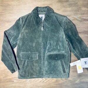 VINTAGE RARE 90s Streetwear Mens Distressed Suede Leather Bomber Jacket Green Sm